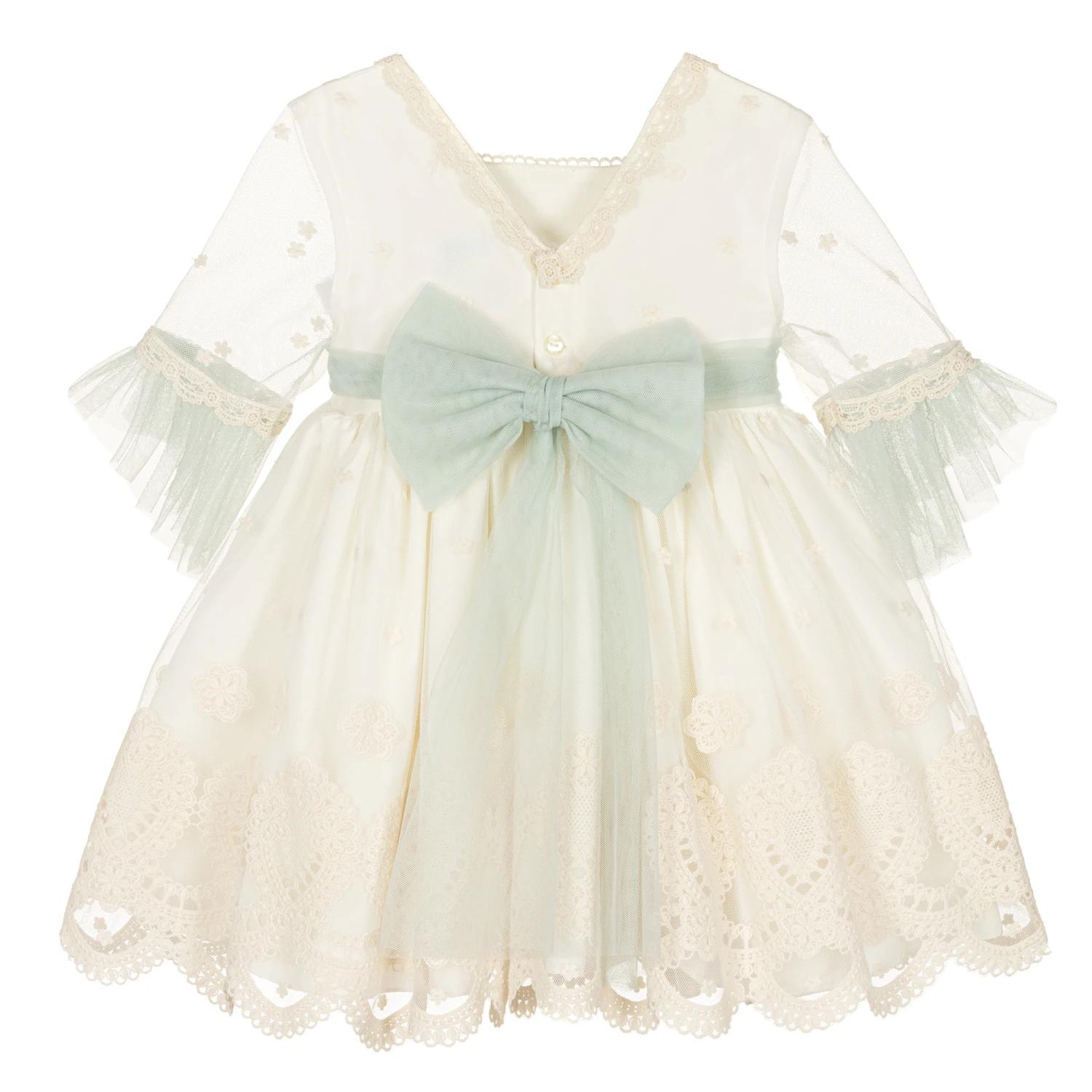 Abuela Tata Girls Ivory & Green Floral Tulle Dress 3 Abuela Tata Girls Ivory & Green Floral Tulle Dress - Image 3
