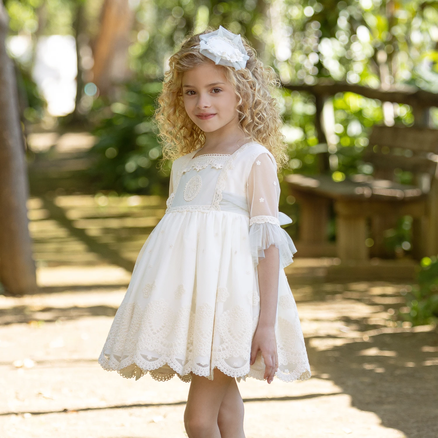 Abuela Tata Girls Ivory & Green Floral Tulle Dress 2 Abuela Tata Girls Ivory & Green Floral Tulle Dress - Image 2