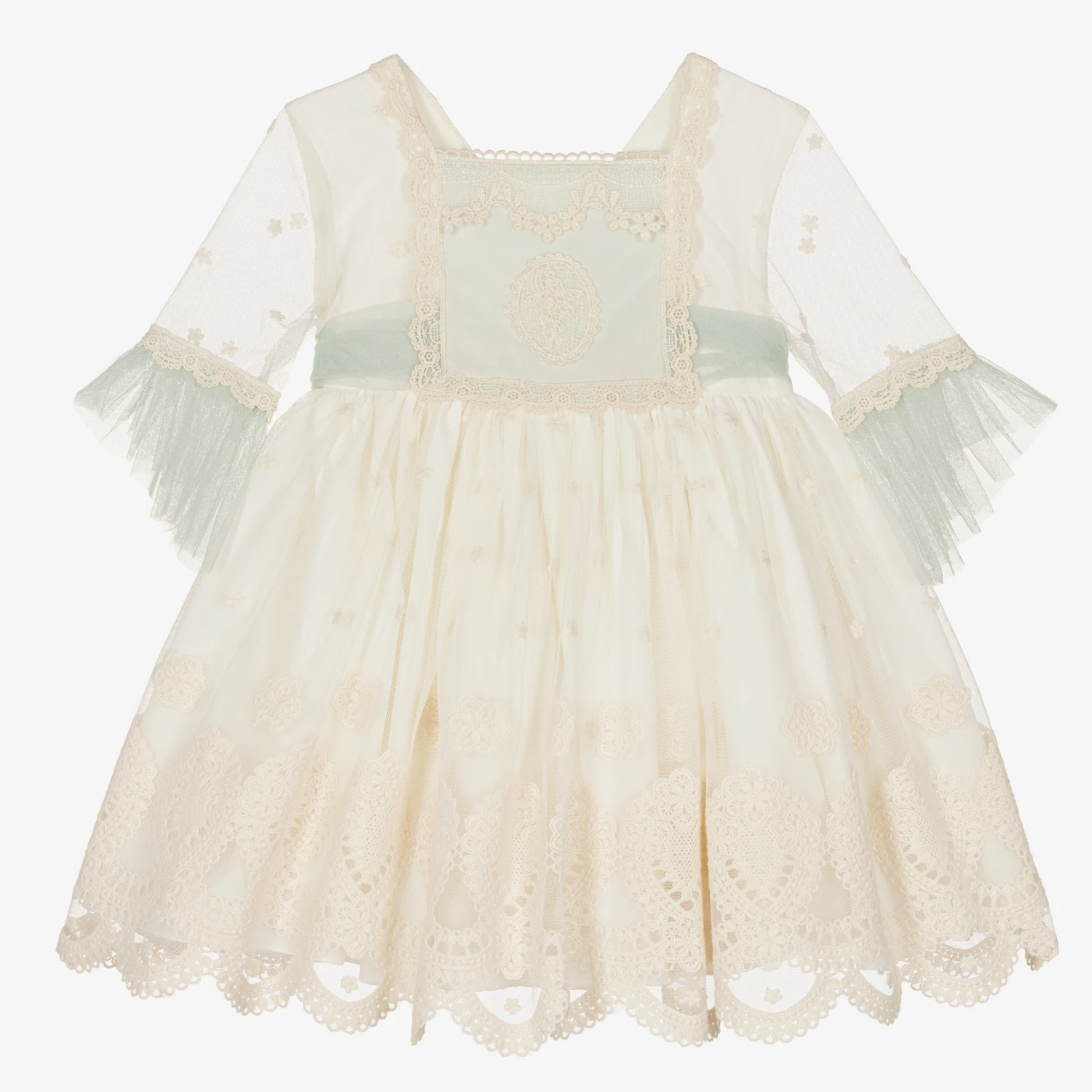Abuela Tata Girls Ivory & Green Floral Tulle Dress 1 Abuela Tata Girls Ivory & Green Floral Tulle Dress