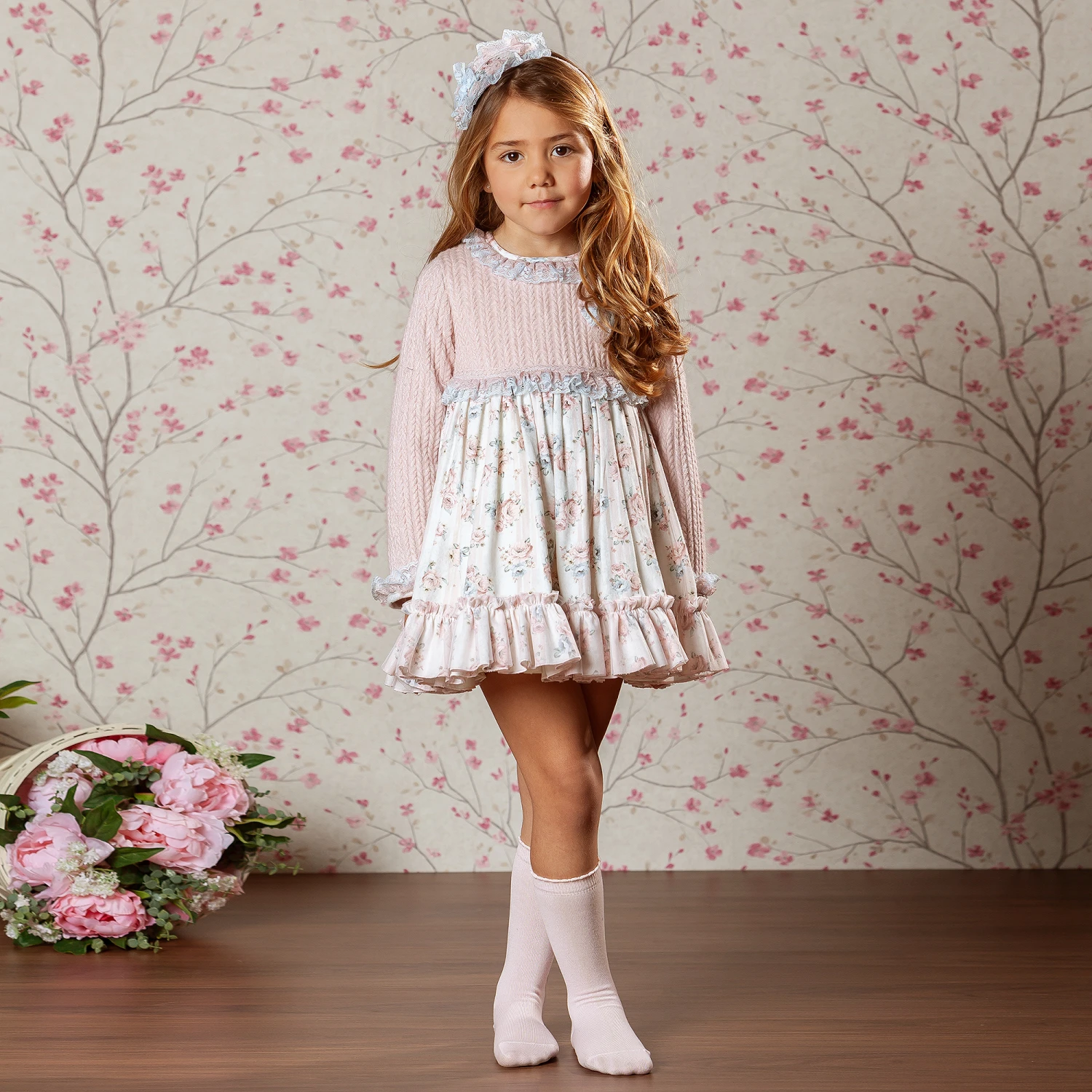 Abuela Tata Girls Pink Floral Knit Dress 2 Abuela Tata Girls Pink Floral Knit Dress - Image 2