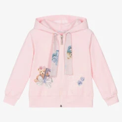 Balloon Chic Girls Pink Cotton Teddy Bear Zip-Up Top