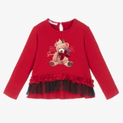 Balloon Chic Girls Red Cotton & Tulle Teddy Bear Top