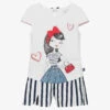 Boboli Girls White & Blue Cotton Shorts Set