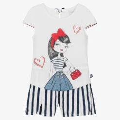 Boboli Girls White & Blue Cotton Shorts Set