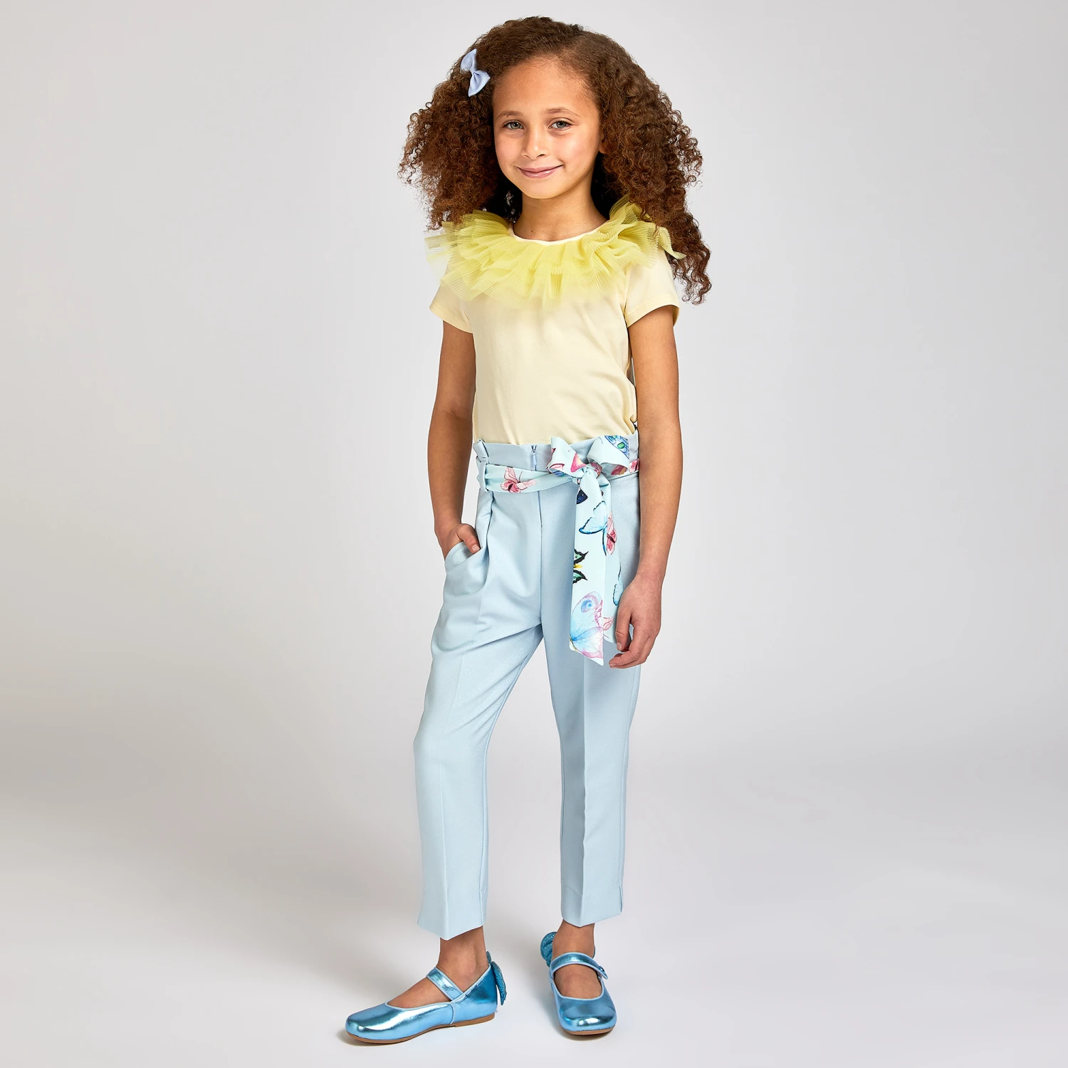 Childrensalon Occasions Girls Blue Viscose Trousers & Butterfly Belt 2 Childrensalon Occasions Girls Blue Viscose Trousers & Butterfly Belt - Image 2