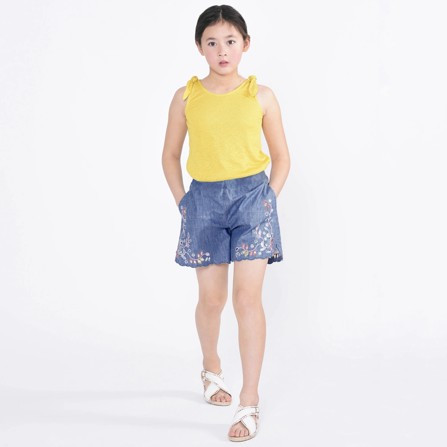 Chloé Girls Blue Embroidered Chambray Shorts 2 Chloé Girls Blue Embroidered Chambray Shorts - Image 2
