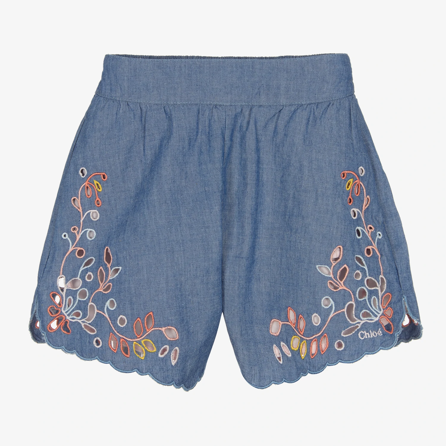 Chloé Girls Blue Embroidered Chambray Shorts 1 Chloé Girls Blue Embroidered Chambray Shorts