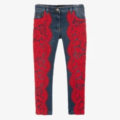 Dolce & Gabbana Girls Blue Denim Red Lace Jeans