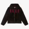Elle Black Logo Faux Fur Zip-Up Top