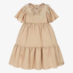 Graci Girls Gold Feather Satin Dress