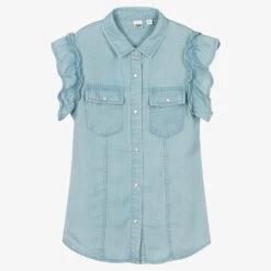 IDO Junior Girls Blue Ruffled Chambray Shirt
