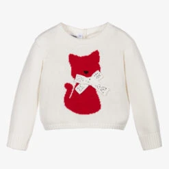 IDO Baby Girls Ivory & Red Cat Jumper