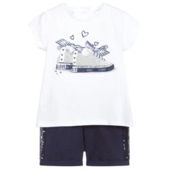 IDO Baby White & Blue Cotton Shorts Set