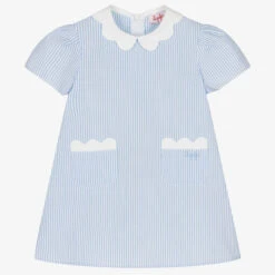 Il Gufo Girls Blue Stripe Cotton Seersucker Dress