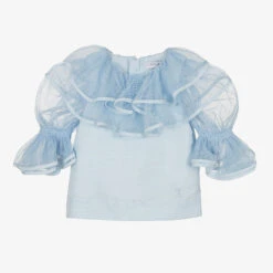 Jessie And James London Girls Blue Linen & Tulle Ruffle Blouse