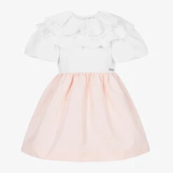 Jessie And James London Girls White & Pink Puffed Sleeve Dress