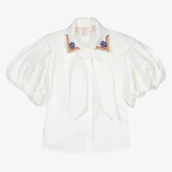 Junona Girls Ivory Bow & Puff Sleeve Blouse