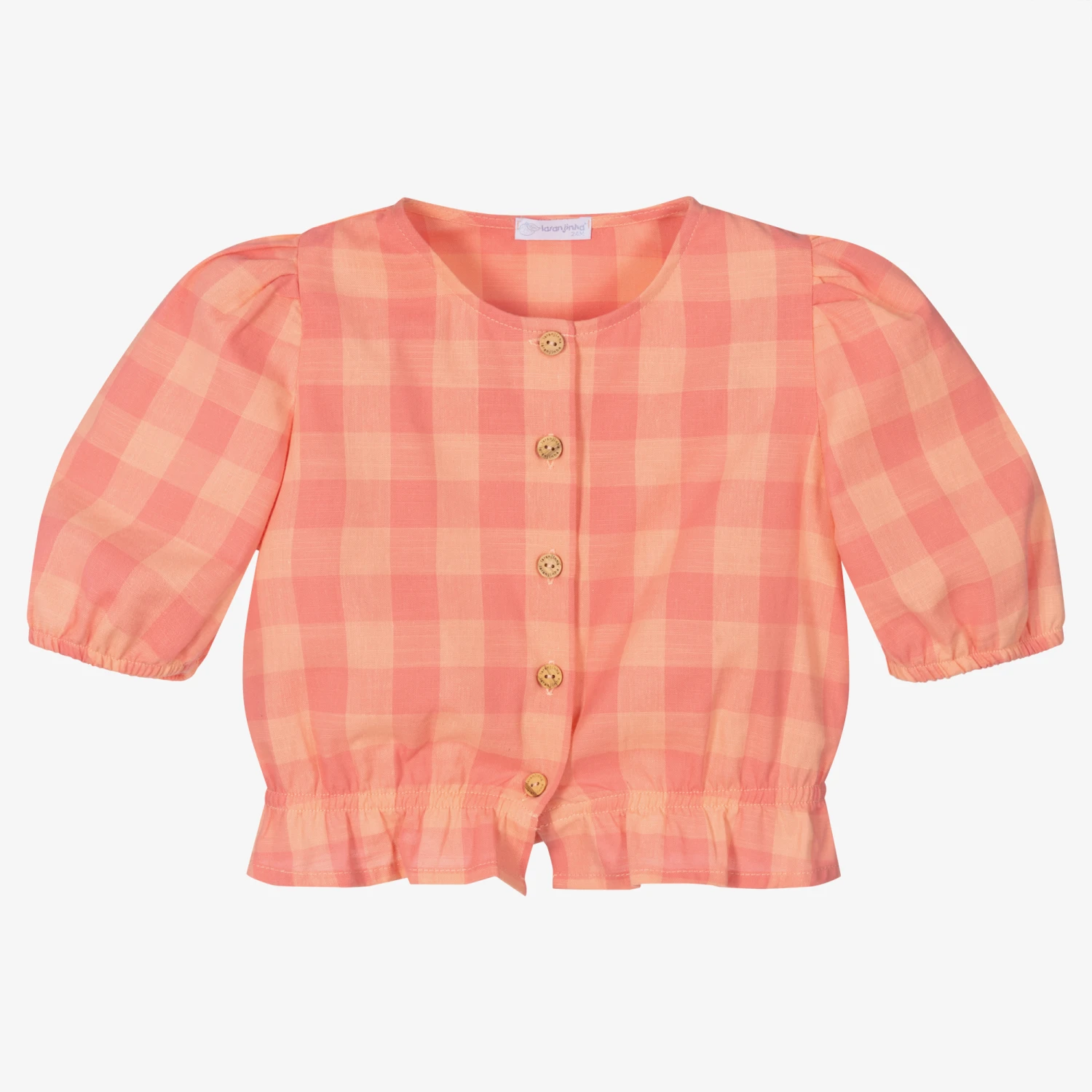 Laranjinha Girls Pink Check Cotton Blouse 1 Laranjinha Girls Pink Check Cotton Blouse