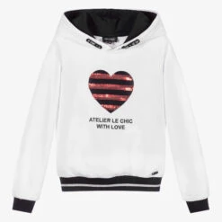 Le Chic White Sequinned Heart Hoodie