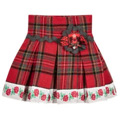 Little Darlings Girls Red Tartan & Rose Skirt