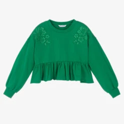 Mayoral Girls Green Cotton Embroidered Sweatshirt