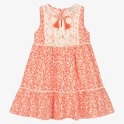 Mayoral Girls Orange Floral Print & Crochet Cotton Dress