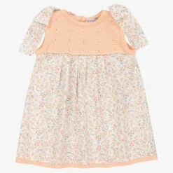 Mebi Girls White & Orange Cotton Floral Dress