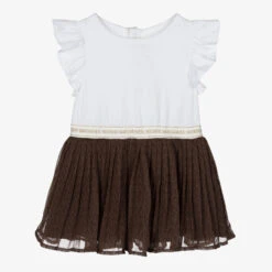 Michael Kors Kids Girls White & Brown Logo Dress