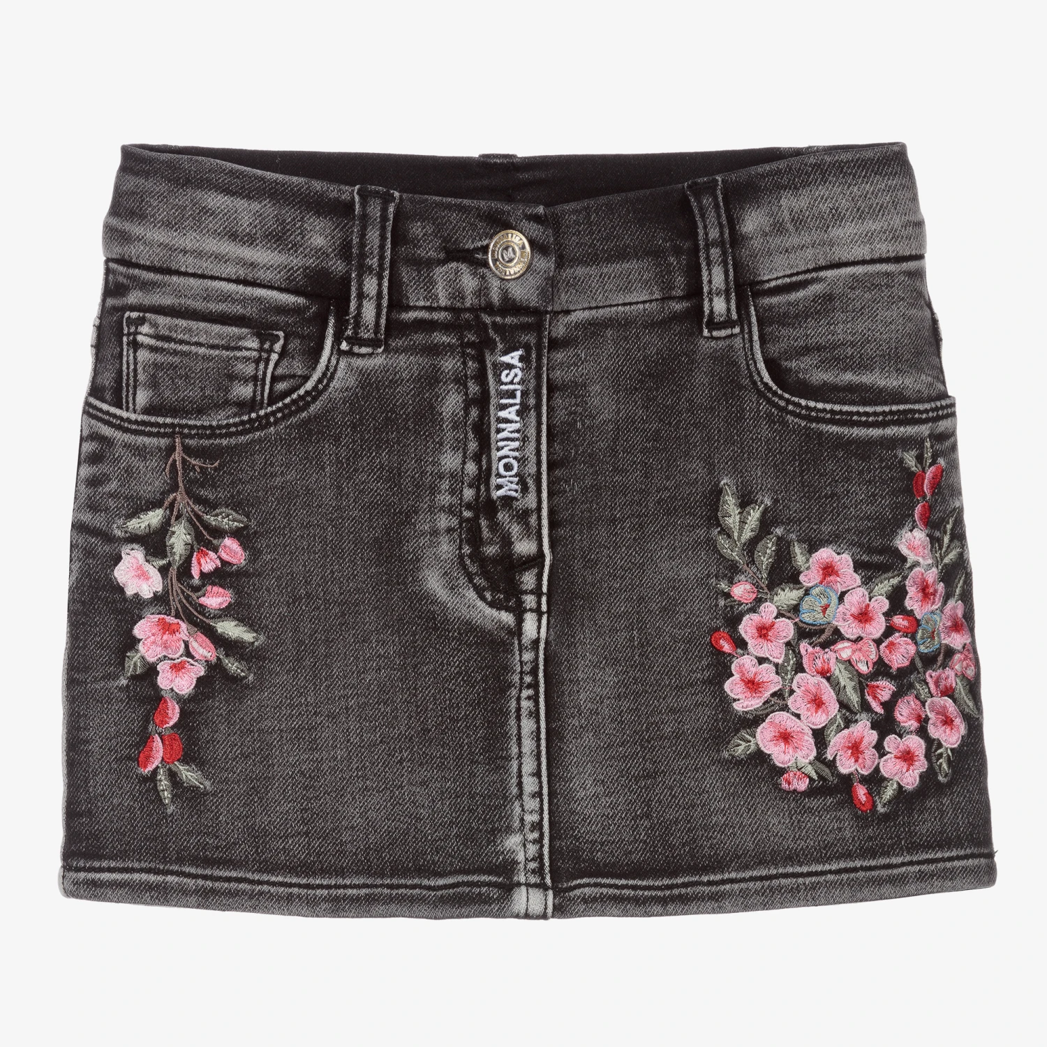 Monnalisa Black Floral Denim Mini Skirt 1 Monnalisa Black Floral Denim Mini Skirt