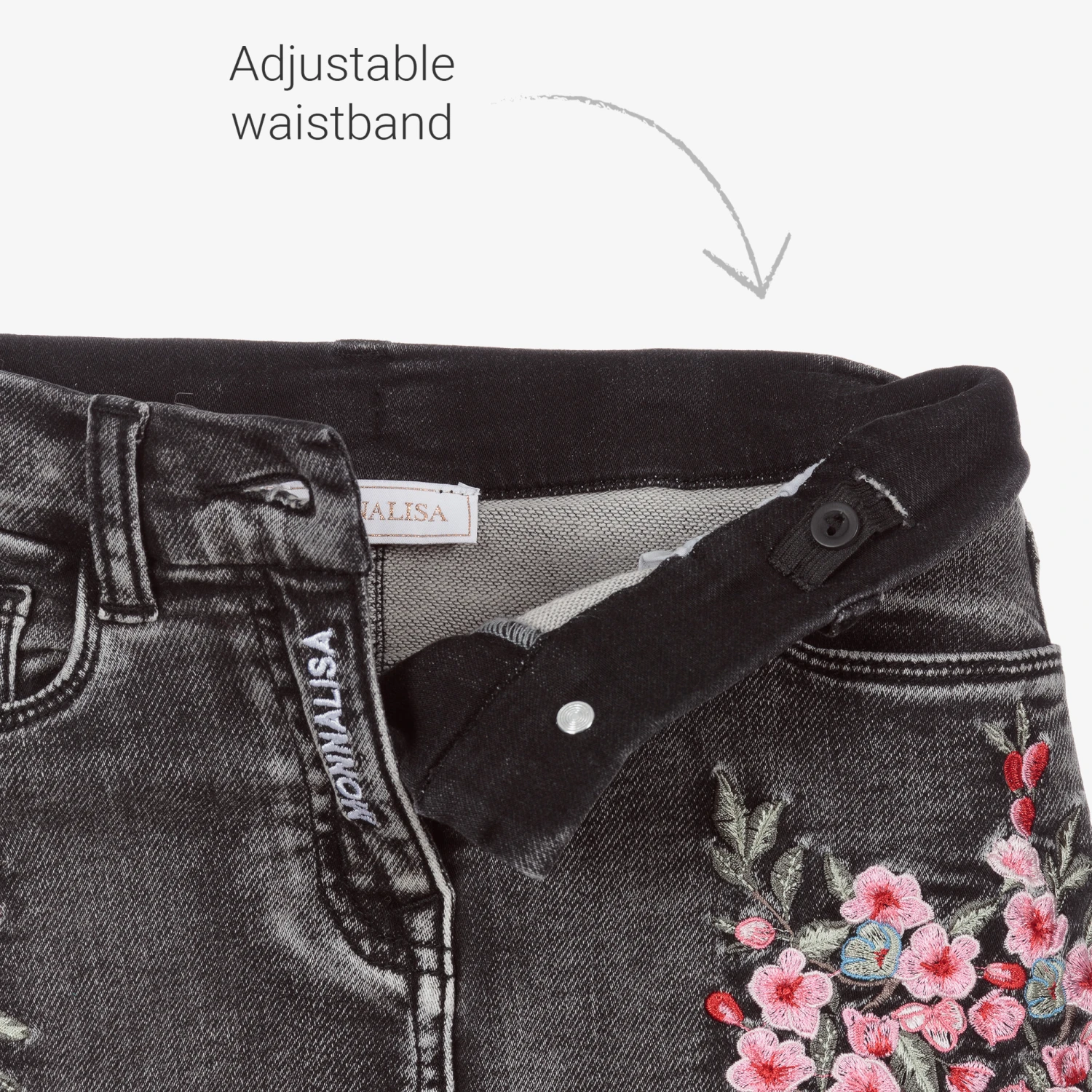 Monnalisa Black Floral Denim Mini Skirt 3 Monnalisa Black Floral Denim Mini Skirt - Image 3