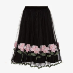 Monnalisa Chic Black & Pink Roses Tulle Skirt