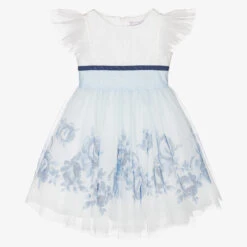 Monnalisa Girls Ivory & Blue Floral Tulle Dress