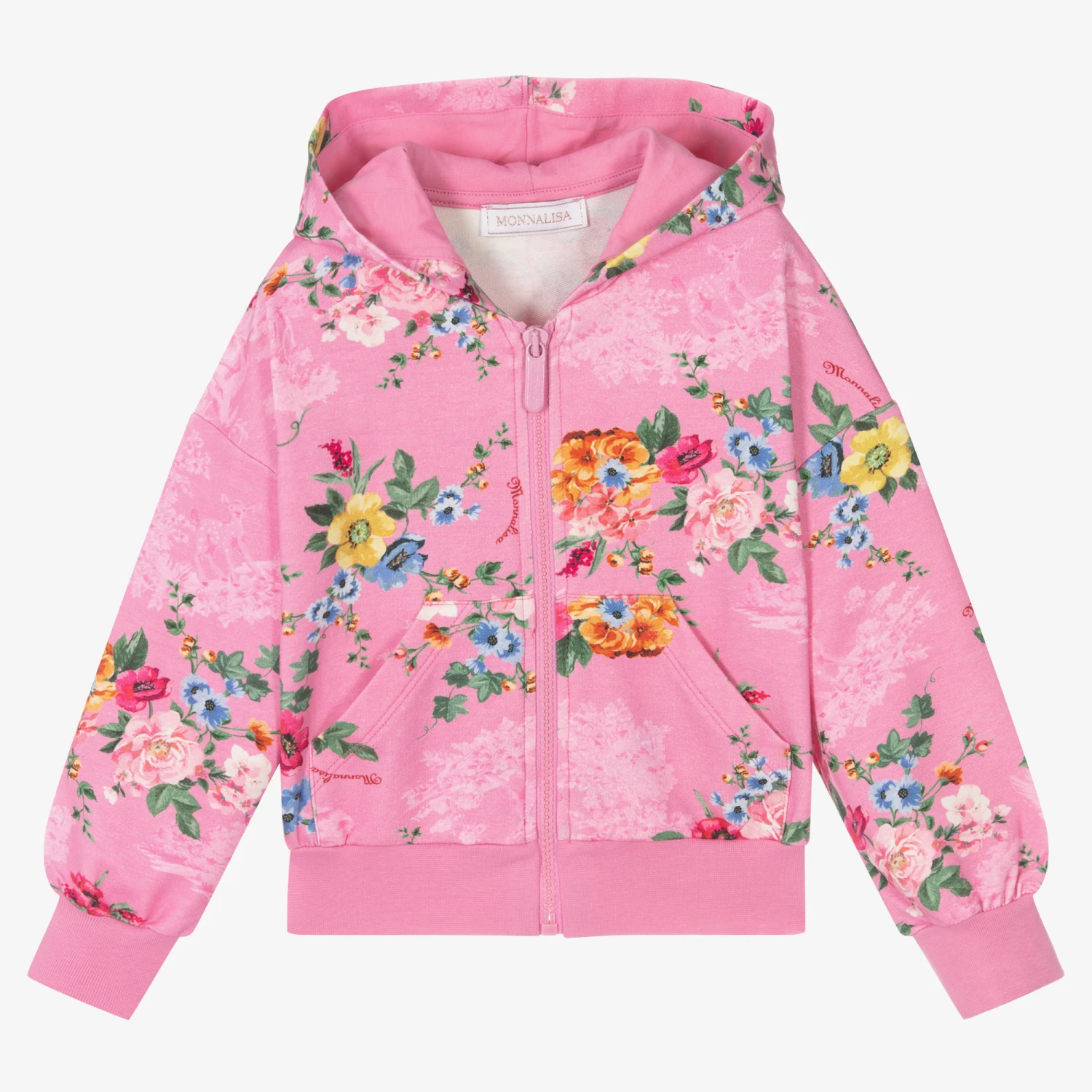 Monnalisa Girls Pink Cotton Floral Zip-Up Top 1 Monnalisa Girls Pink Cotton Floral Zip-Up Top