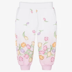 Monnalisa Girls Pink & White Cotton Floral Joggers