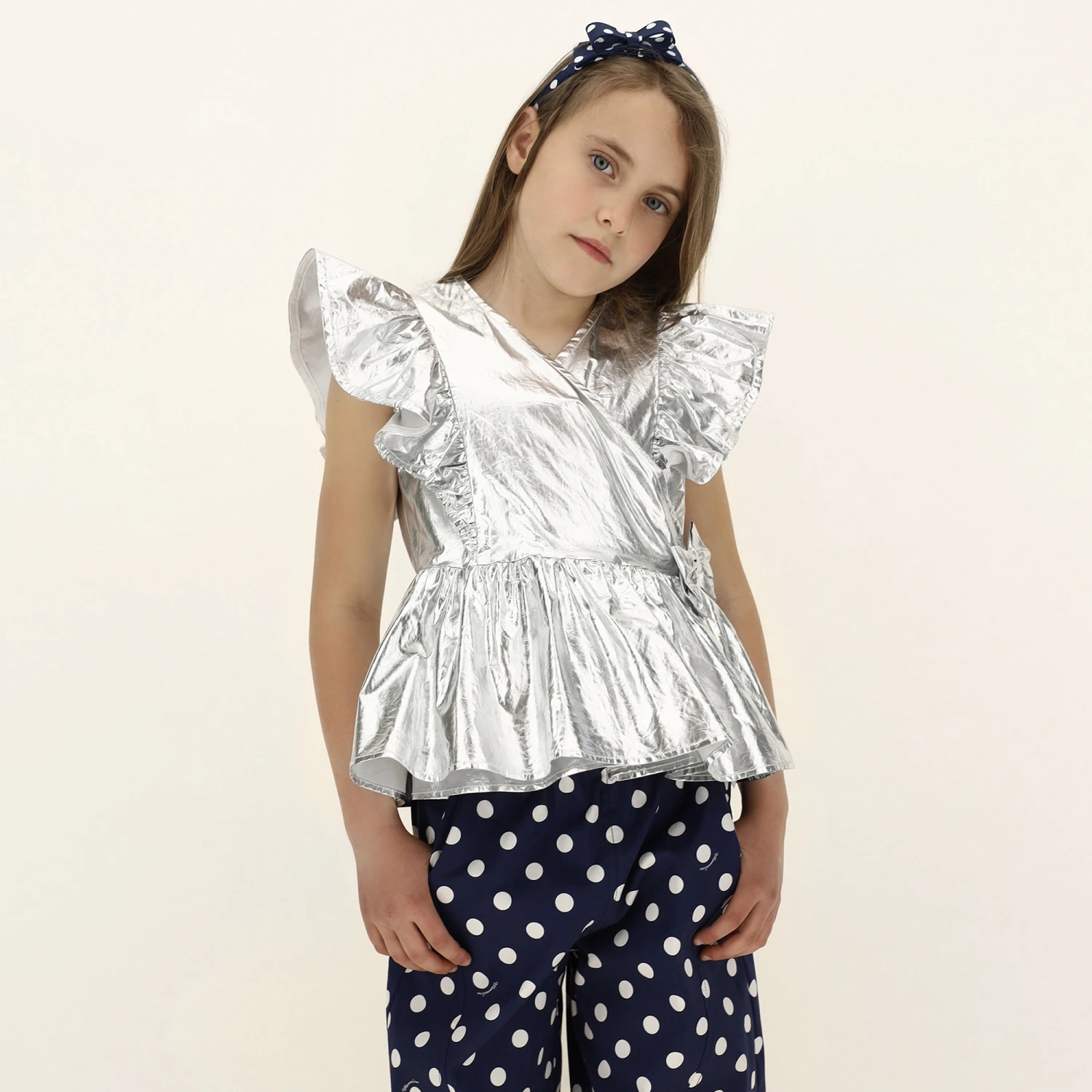 Monnalisa Chic Girls Silver Cotton Blouse 2 Monnalisa Chic Girls Silver Cotton Blouse - Image 2