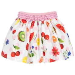 Monnalisa White Fruit Print Cotton Skirt