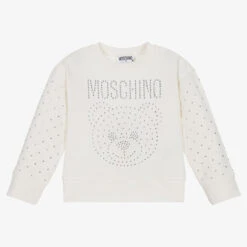 Moschino Kid-Teen Girls Ivory Teddy Logo Rhinestone Sweatshirt