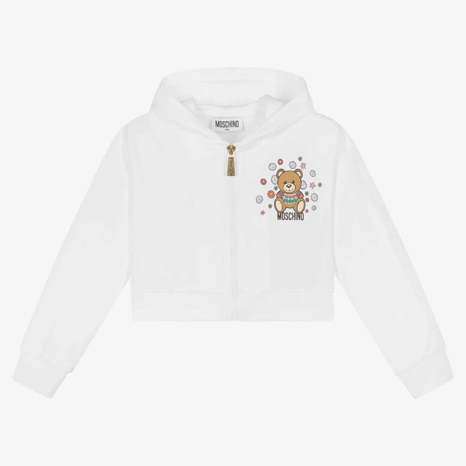 Moschino Kid-Teen Girls White Rhinestone Logo Zip-Up Top 1 Moschino Kid-Teen Girls White Rhinestone Logo Zip-Up Top
