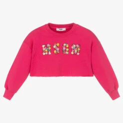 MSGM Girls Pink Beaded Logo Cropped Sweatshirt