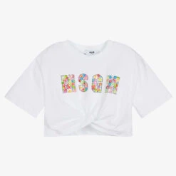 MSGM Girls White Beaded Logo T-Shirt