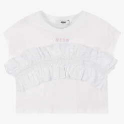 MSGM Girls White Ruffle Cotton T-Shirt