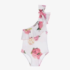 Phi Clothing Girls White Floral Asymmetric Swimsuit