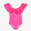Stella Cove Girls Pink Ruffle Pom-Pom Swimsuit