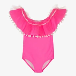 Stella Cove Girls Pink Ruffle Pom-Pom Swimsuit