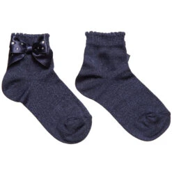 Story Loris Girls Navy Blue Socks With Diamanté Bow