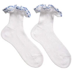 Story Loris Girls White Cotton Socks With Blue Ribbon