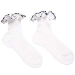 Story Loris Girls White Cotton Socks With Blue Ribbon Ruffles