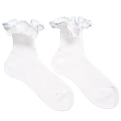 Story Loris Girls White Cotton Socks With Pale Blue Ribbon Ruffles