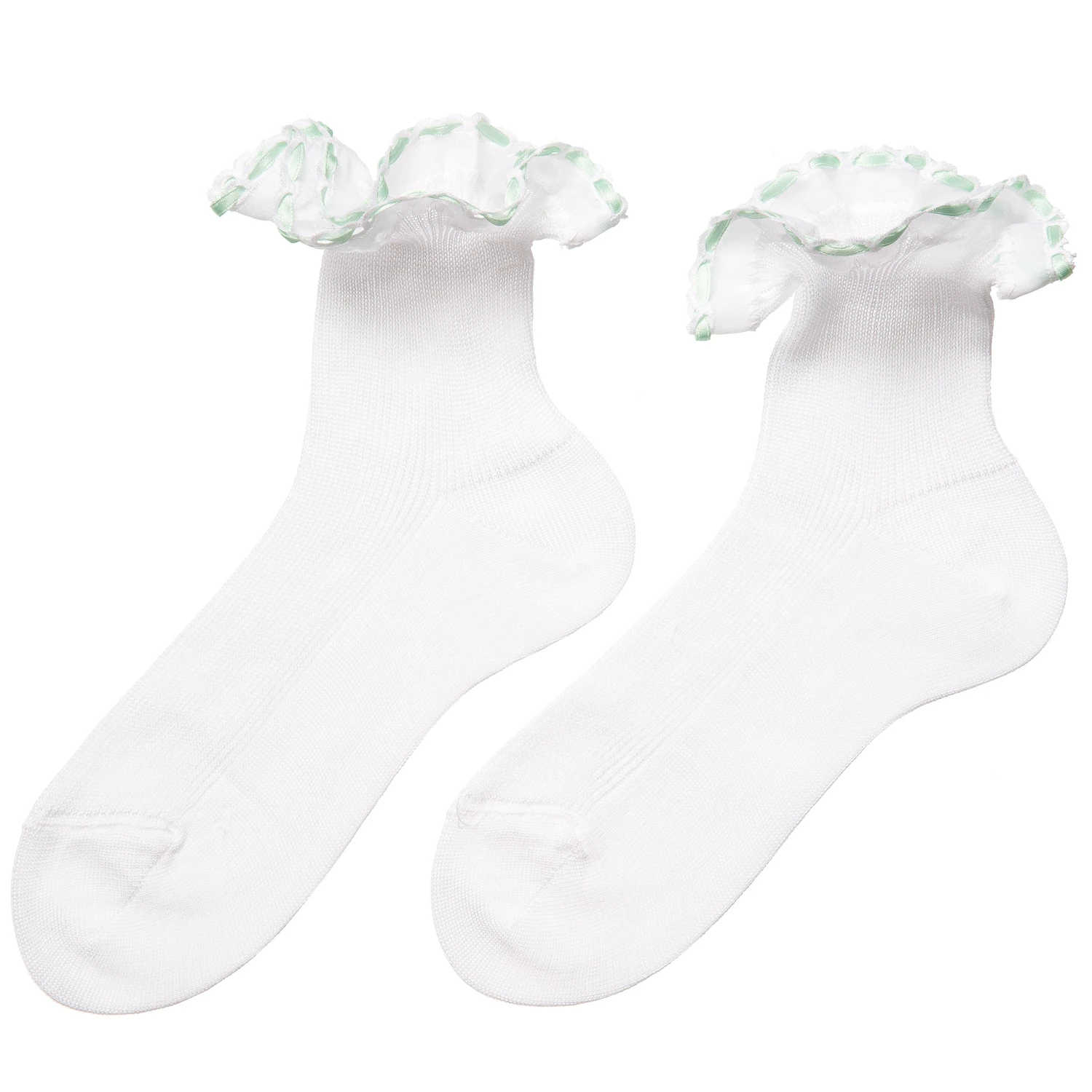 Story Loris Girls White Cotton Socks With Pale Green Ribbon Ruffles 3 Story Loris Girls White Cotton Socks With Pale Green Ribbon Ruffles - Image 3