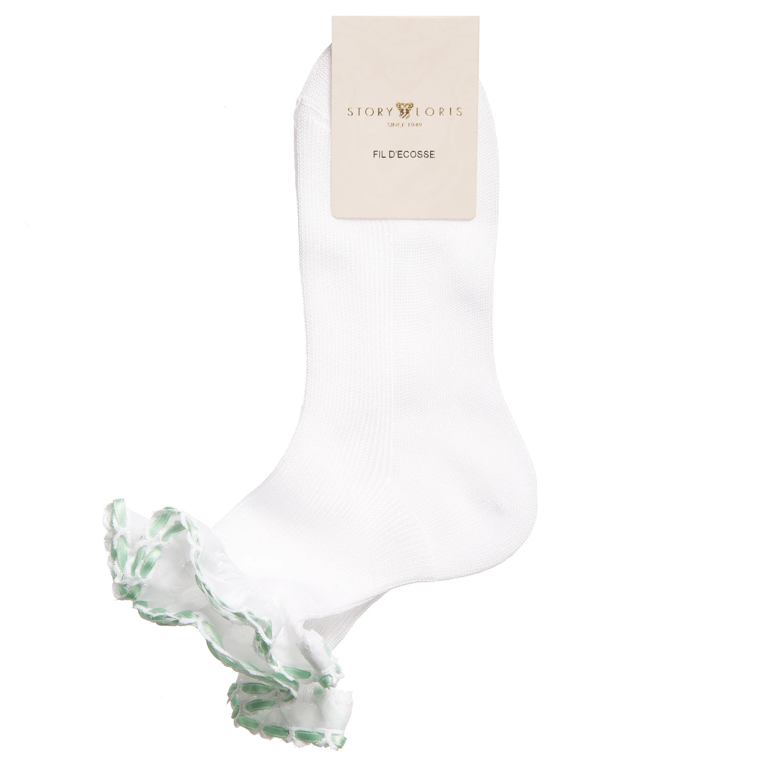 Story Loris Girls White Cotton Socks With Pale Green Ribbon Ruffles 2 Story Loris Girls White Cotton Socks With Pale Green Ribbon Ruffles - Image 2